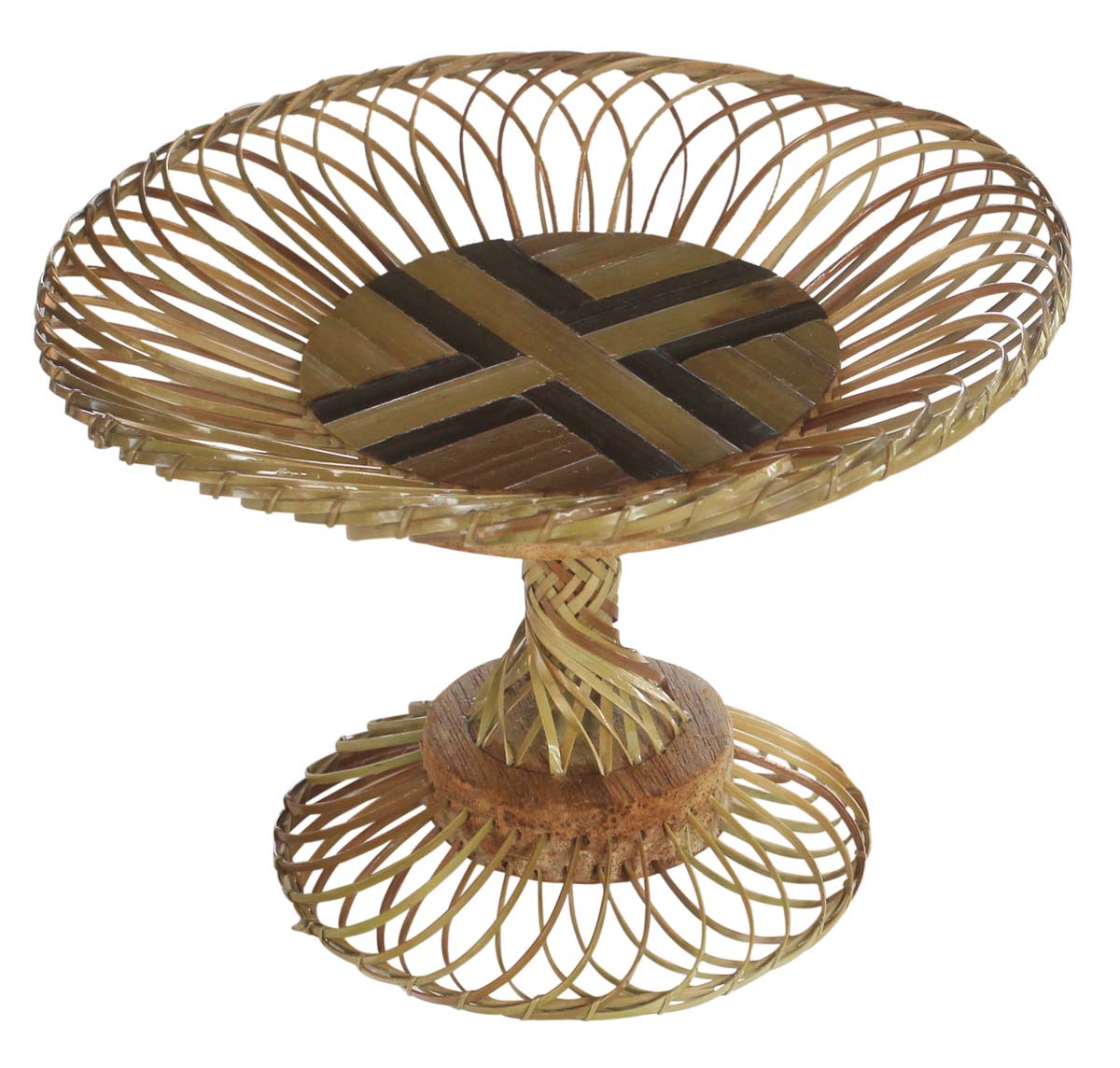Buy in Bulk Wholesale Decorative Brown Tray/Fruit Tray Hand-Woven in Bamboo - 8.5” Pedestal Dining Table Accessory/Decor from India