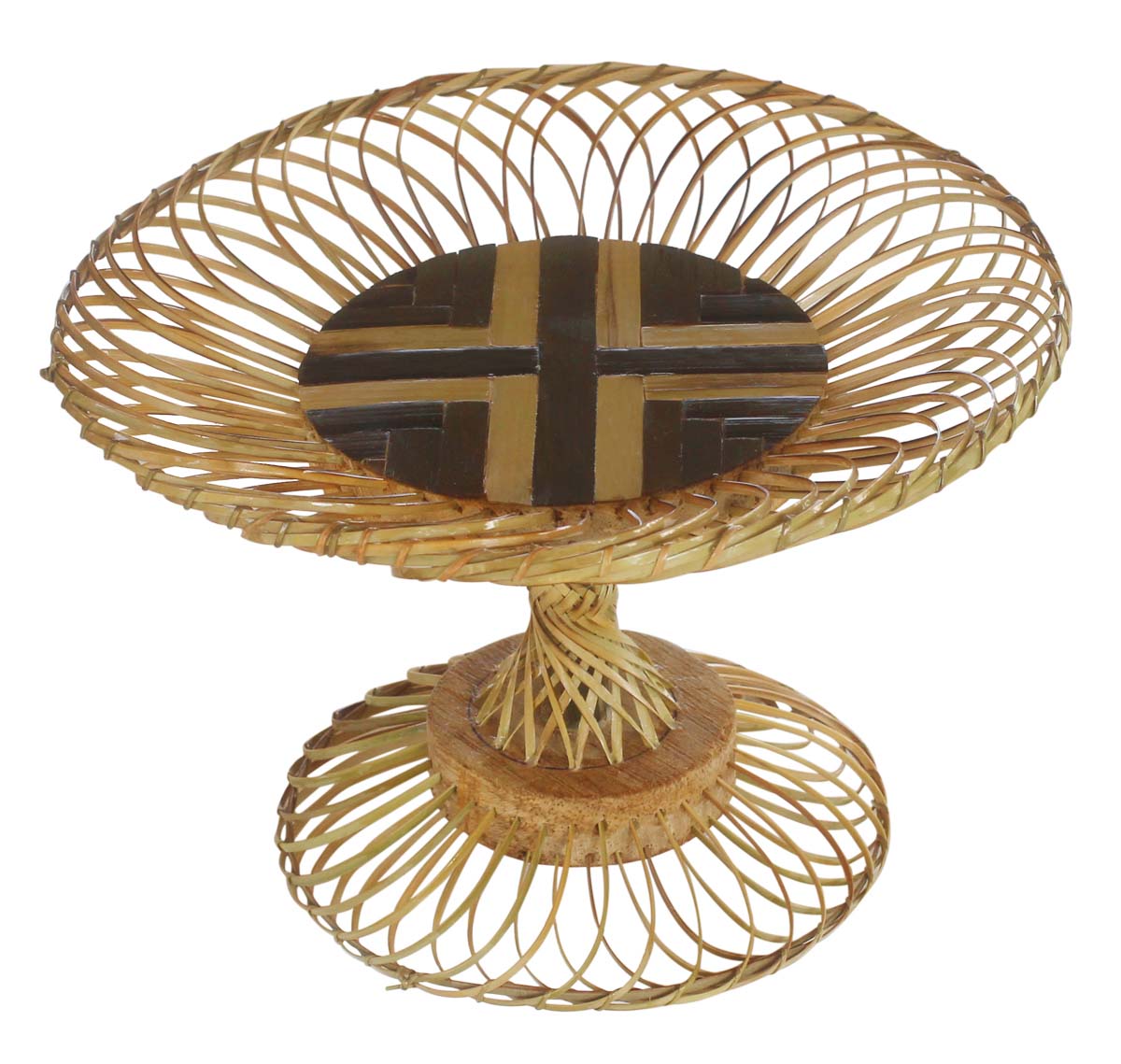 Buy in Bulk Wholesale Decorative Tray/Fruit Tray in Bamboo - Hand-Woven 8.5” Brown Pedestal Dining Table Accessory/Decor from India