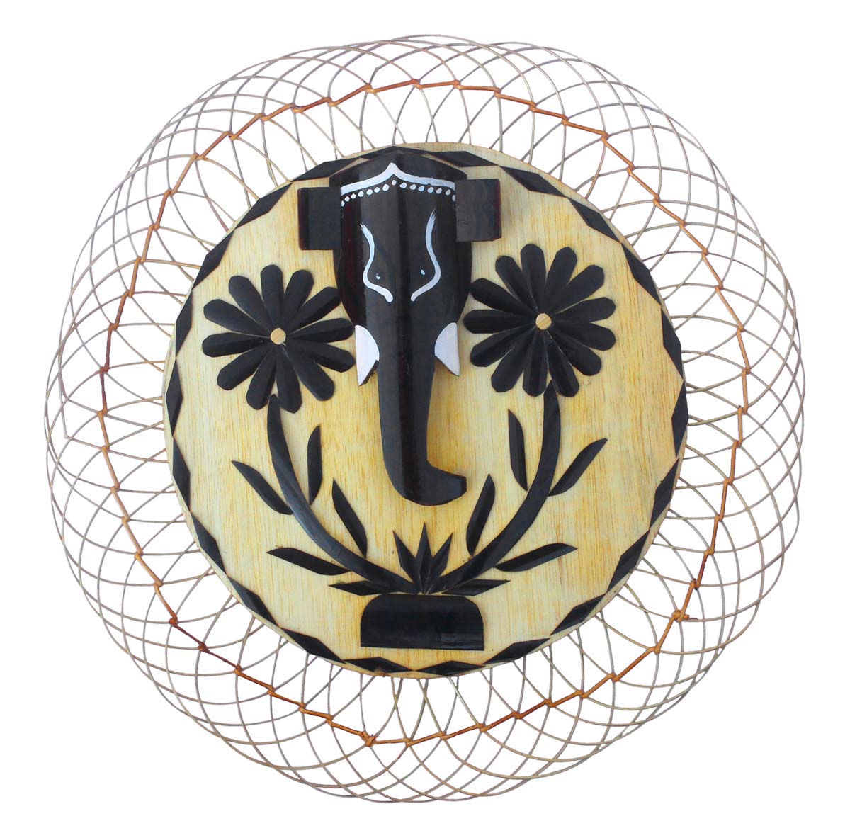 Round Elephant & Floral Wall-Hanging in Bamboo with Interwoven Pattern – in Black & Lemon Color – 11” Artistic Handmade Wall-Décor  Buy in Bulk Wholesale