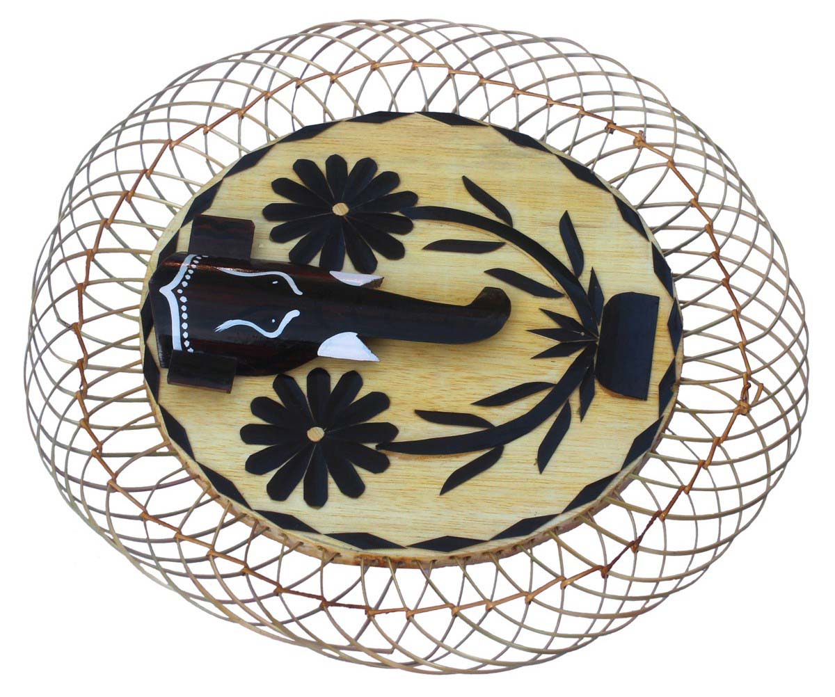 Round Elephant & Floral Wall-Hanging in Bamboo with Interwoven Pattern – in Black & Lemon Color – 11” Artistic Handmade Wall-Décor  Buy in Bulk Wholesale