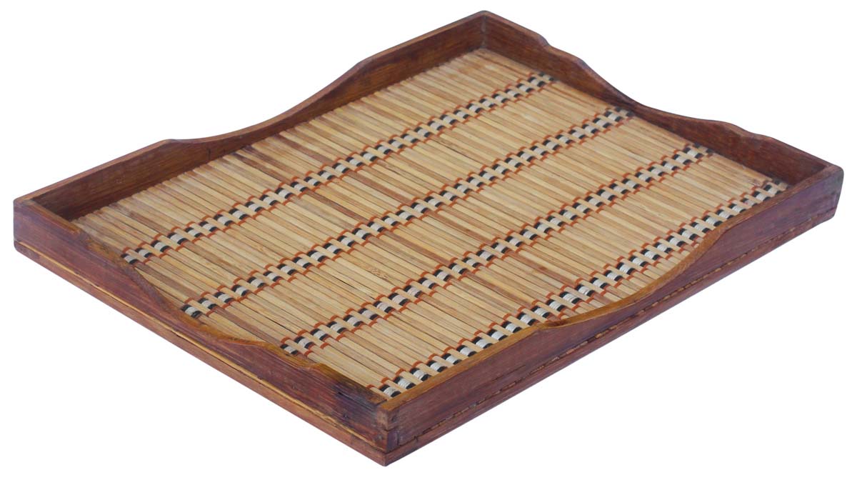 Buy in Bulk Wholesale Serving Tray in Wood & Bamboo Cane - 15.7” Decorative Tray with Thread Work - Eco-Friendly Essentials/Decor from India