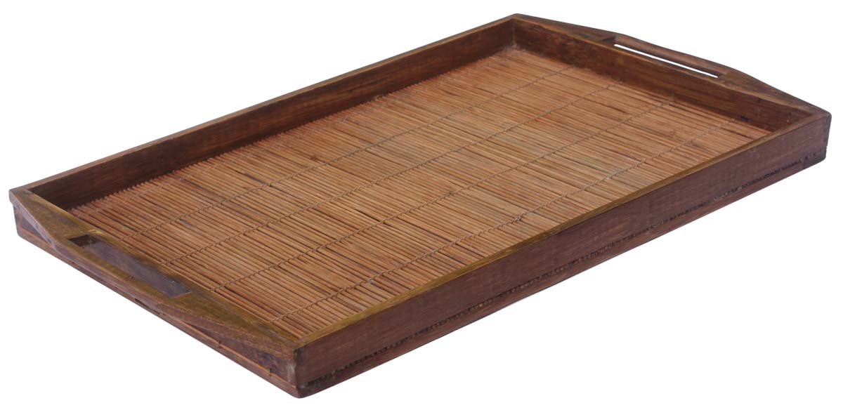Hand-Crafted Serving Tray in Wood & Bamboo Cane - 18.7” Decorative Tray with Handles - Eco-Friendly Essentials/Decor from India Buy in Bulk Wholesale