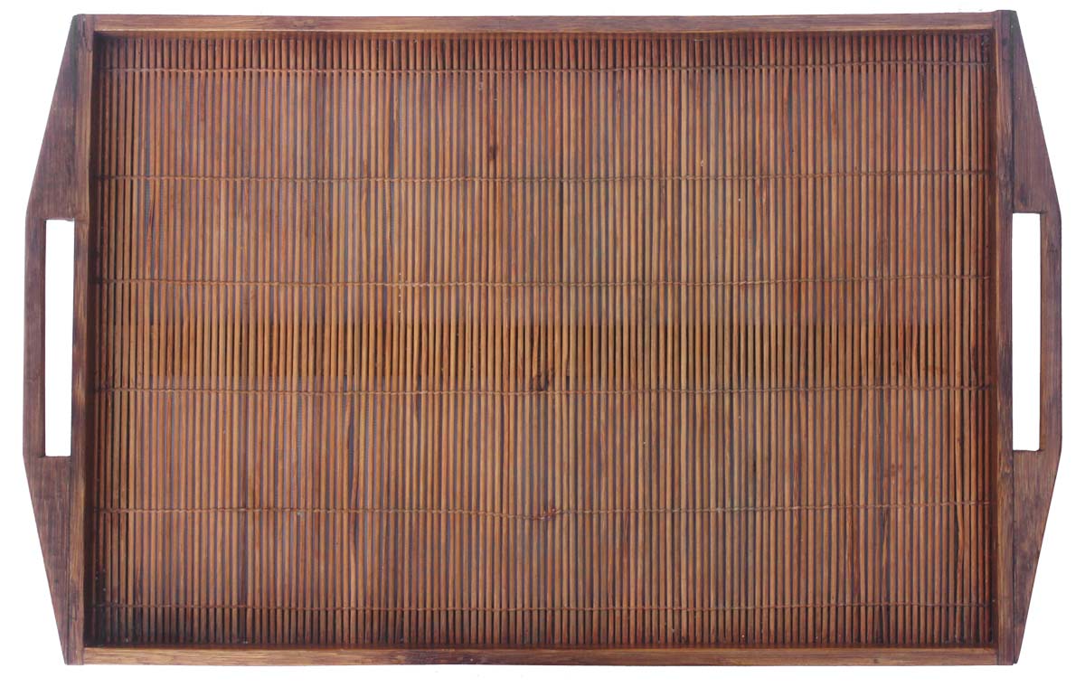 Hand-Crafted Serving Tray in Wood & Bamboo Cane - 18.7” Decorative Tray with Handles - Eco-Friendly Essentials/Decor from India Buy in Bulk Wholesale