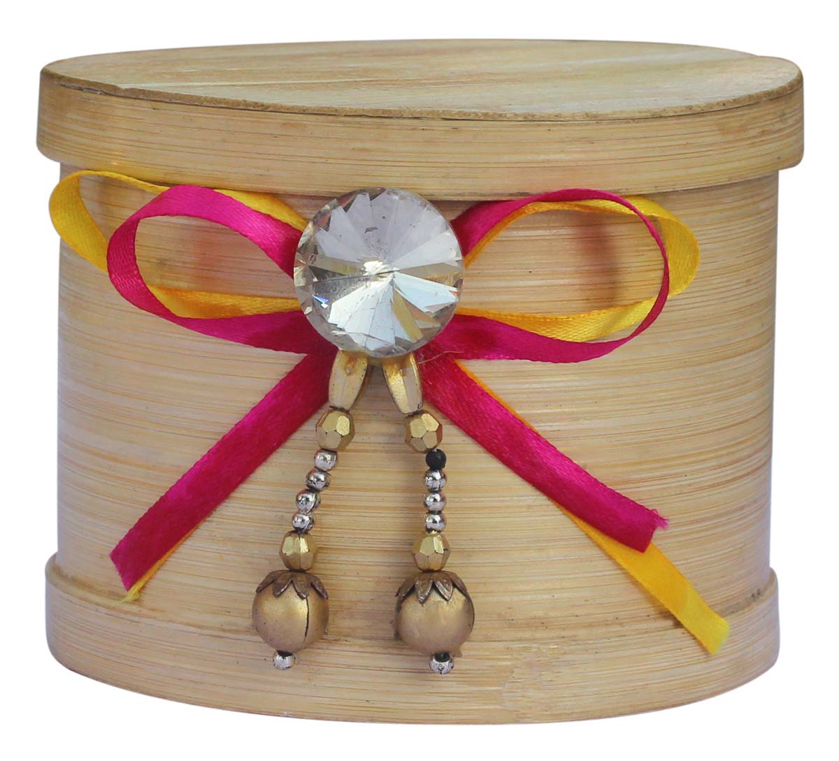 Wholesale 4.7” Cylindrical Shaped Jewelry Box in Bulk - Source Handmade Jewelry Box/Trinket Box in Bamboo with Stone & Ribbon Work from India