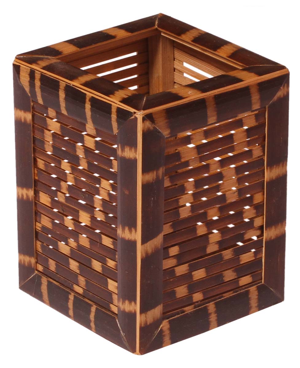 Square-Shaped Pen Stand / Holder – Handmade in Bamboo – Shades of Brown – Eco-Friendly Desk Accessories / Office Supplies – Home / Office Décor - Buy in Bulk Wholesale