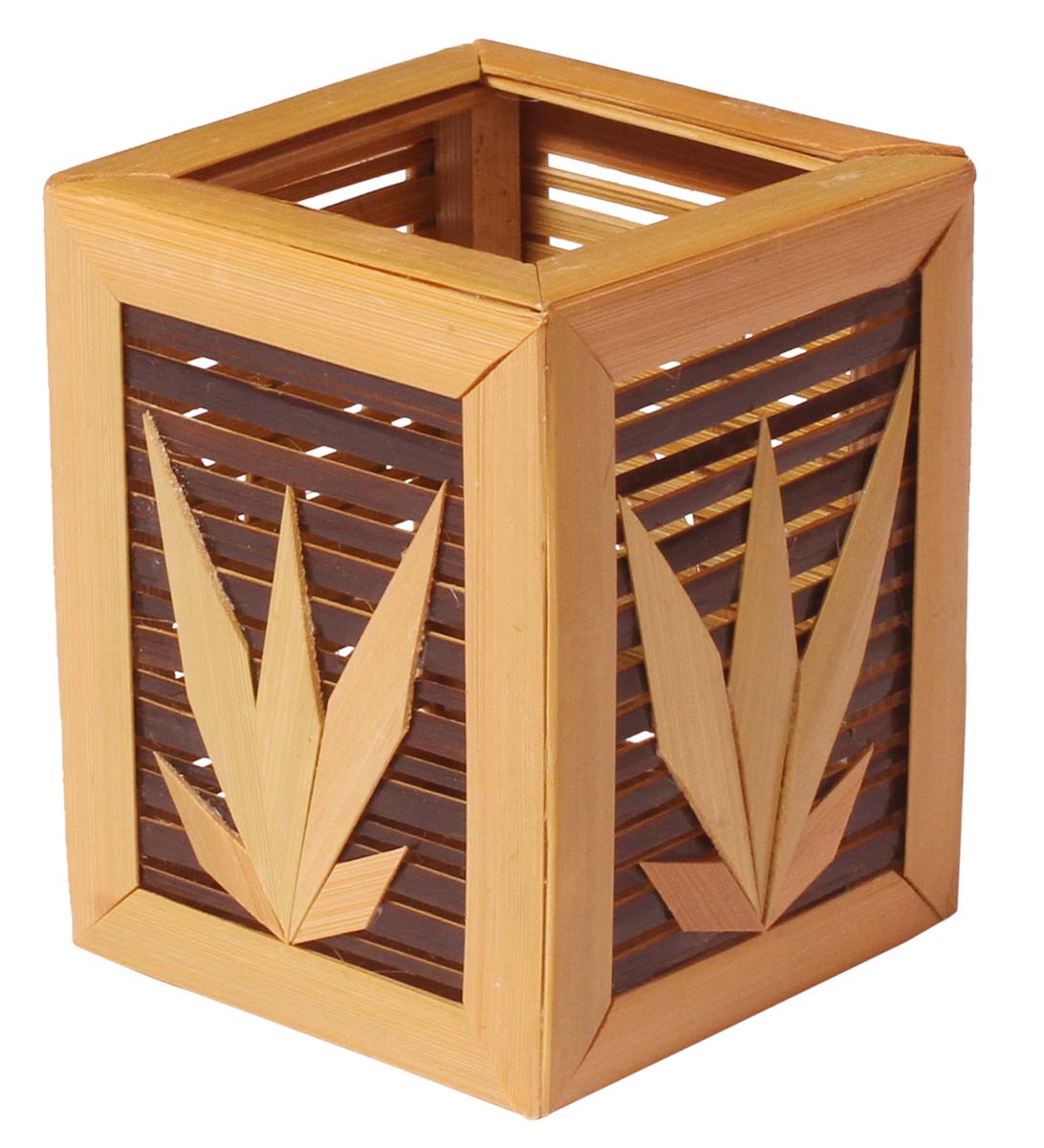 Square-Shaped Pen Stand / Holder – Handmade in Bamboo – Light & Dark Brown – Leafy Motifs – Eco-Friendly Desk Accessories / Office Supplies – Home / Office Décor - Buy in Bulk Wholesale