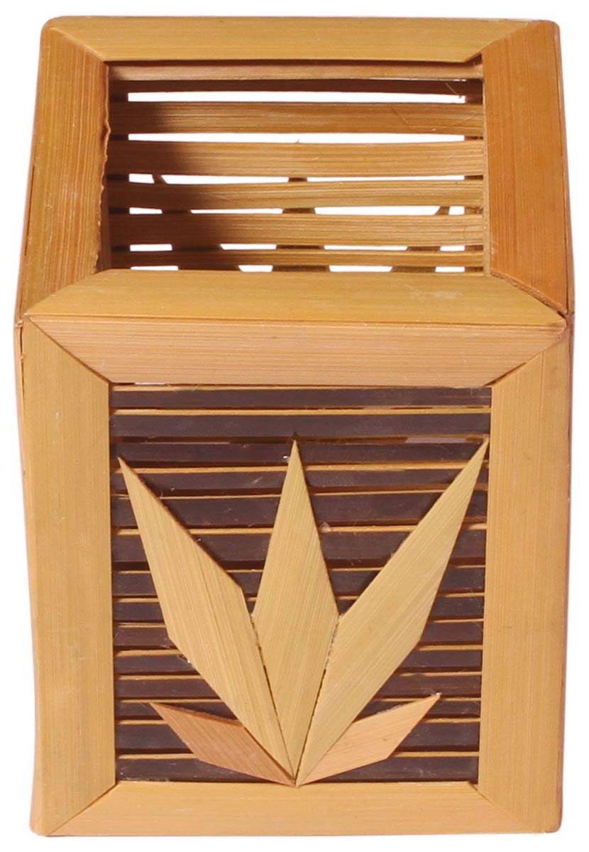 Square-Shaped Pen Stand / Holder – Handmade in Bamboo – Light & Dark Brown – Leafy Motifs – Eco-Friendly Desk Accessories / Office Supplies – Home / Office Décor - Buy in Bulk Wholesale