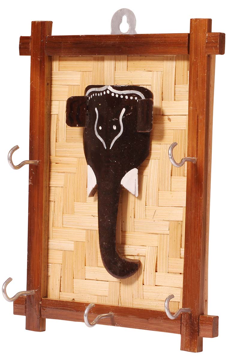 Handmade Wall-Mounted Key-Holder in Bamboo – Metal Hooks – Black Elephant Motif – Unique Wall Accessories – Home / Office Décor - Buy in Bulk Wholesale
