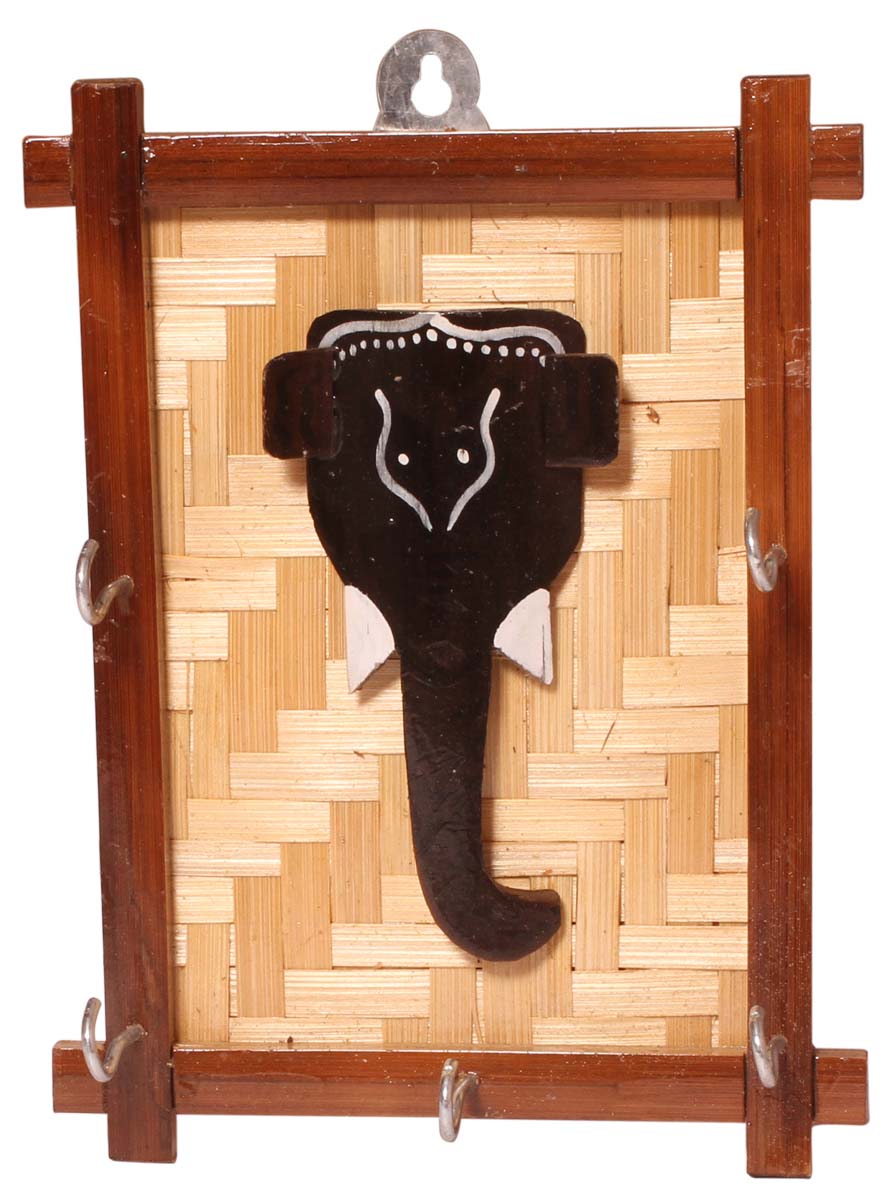Handmade Wall-Mounted Key-Holder in Bamboo – Metal Hooks – Black Elephant Motif – Unique Wall Accessories – Home / Office Décor - Buy in Bulk Wholesale