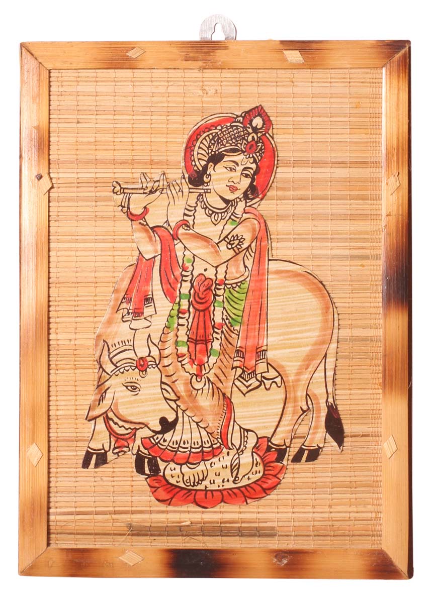  Wall Hanging Portrait of Lord Krishna – Handcrafted in Bamboo – Hindu God Figurines – Religious Gifts from India - Buy in Bulk Wholesale