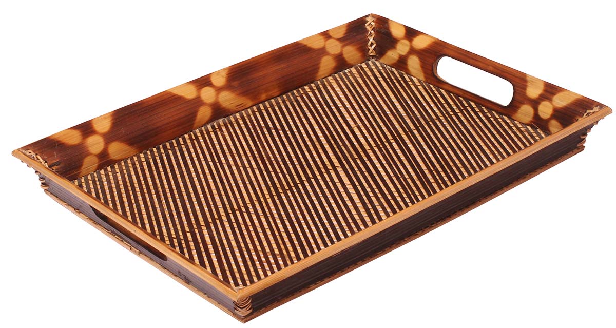 Buy in Bulk Wholesale Decorative Tray - Rectangular Handmade in Bamboo - Floral Motifs on the Borders - Eco-Friendly - Unique Centerpieces for Coffee Tables/Dining Tables - Home Decor