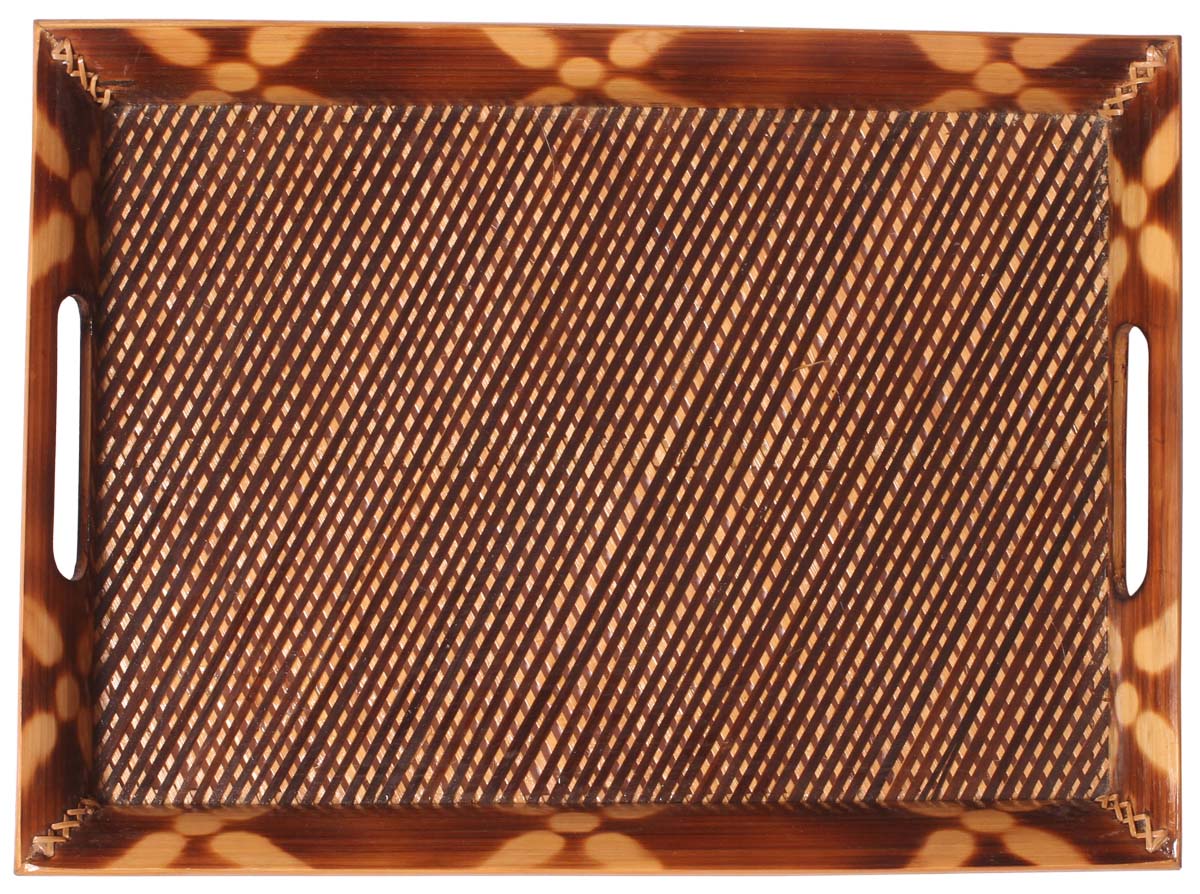 Buy in Bulk Wholesale Decorative Tray - Rectangular Handmade in Bamboo - Floral Motifs on the Borders - Eco-Friendly - Unique Centerpieces for Coffee Tables/Dining Tables - Home Decor