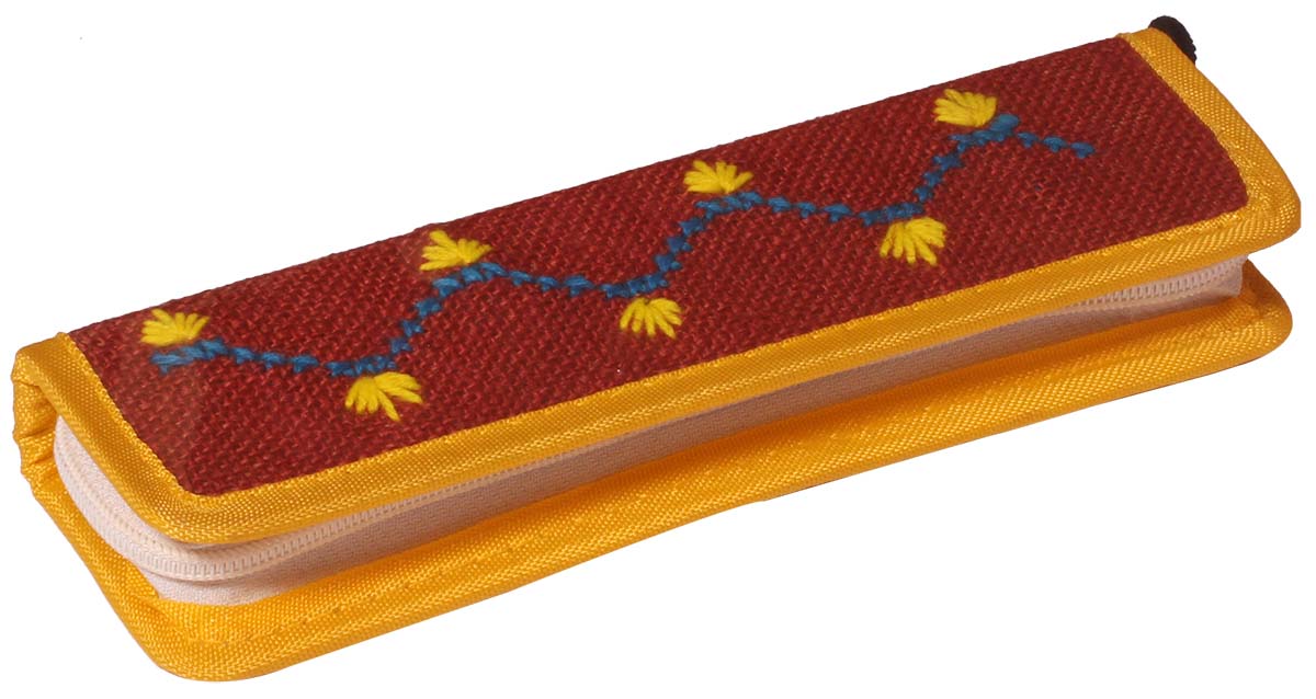 Pencil Box / Holder – Red & Yellow – Handmade in Jute – Embroidered Motifs – Stationery Kits & Accessories – Unique Birthday Gifts for Children & Kids  - Buy in Bulk Wholesale