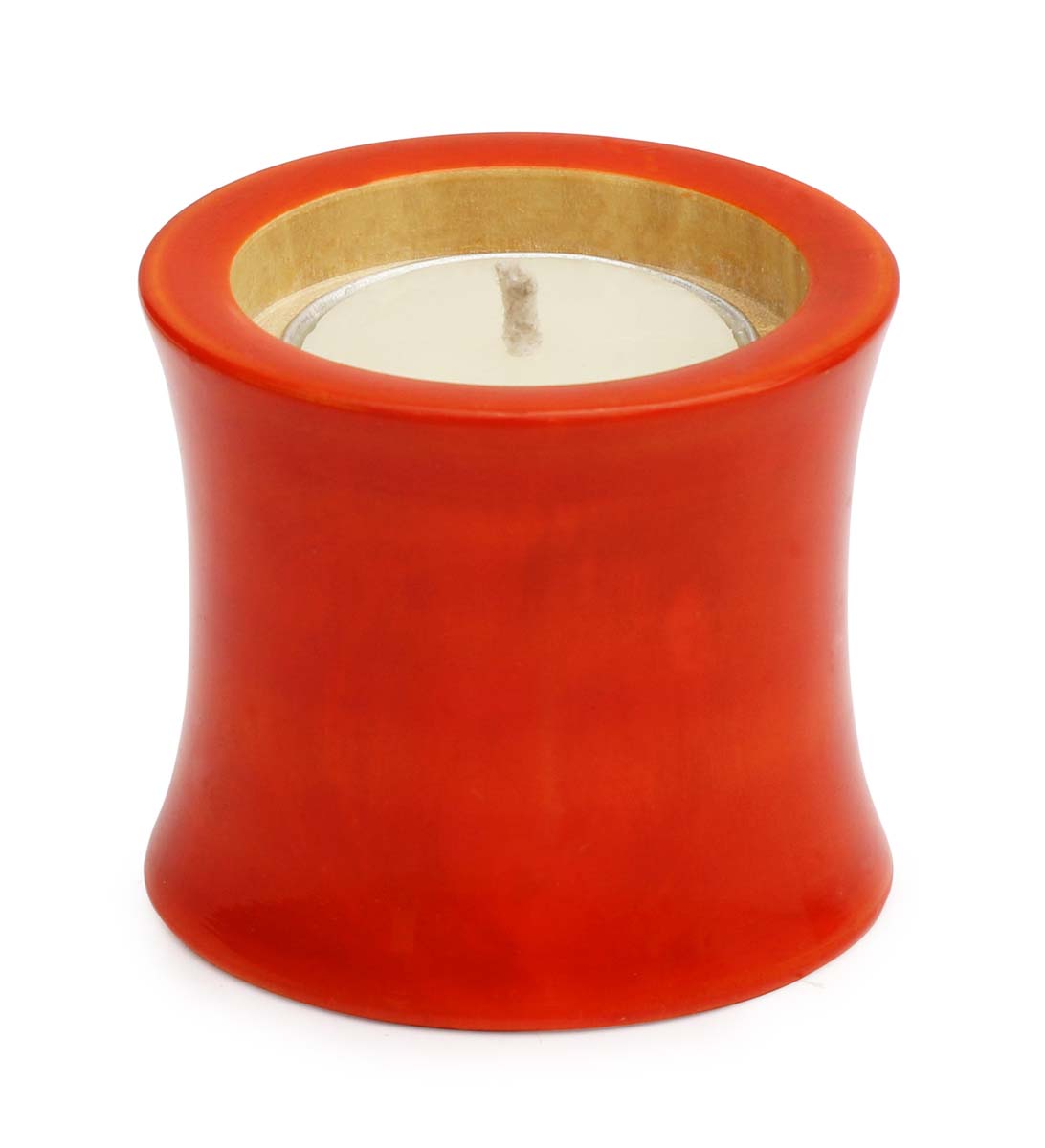 Bulk Wholesale Tea-Light Holder in Ivory-Wood – 2.2” Hand-Carved Candle Holder in Orange Color – Home Décor from India