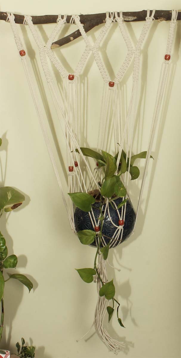 Bulk Wholesale Hand-knotted - White - Cotton - Pot Holder with Beads - Decorative Show-piece from India - Home Decor