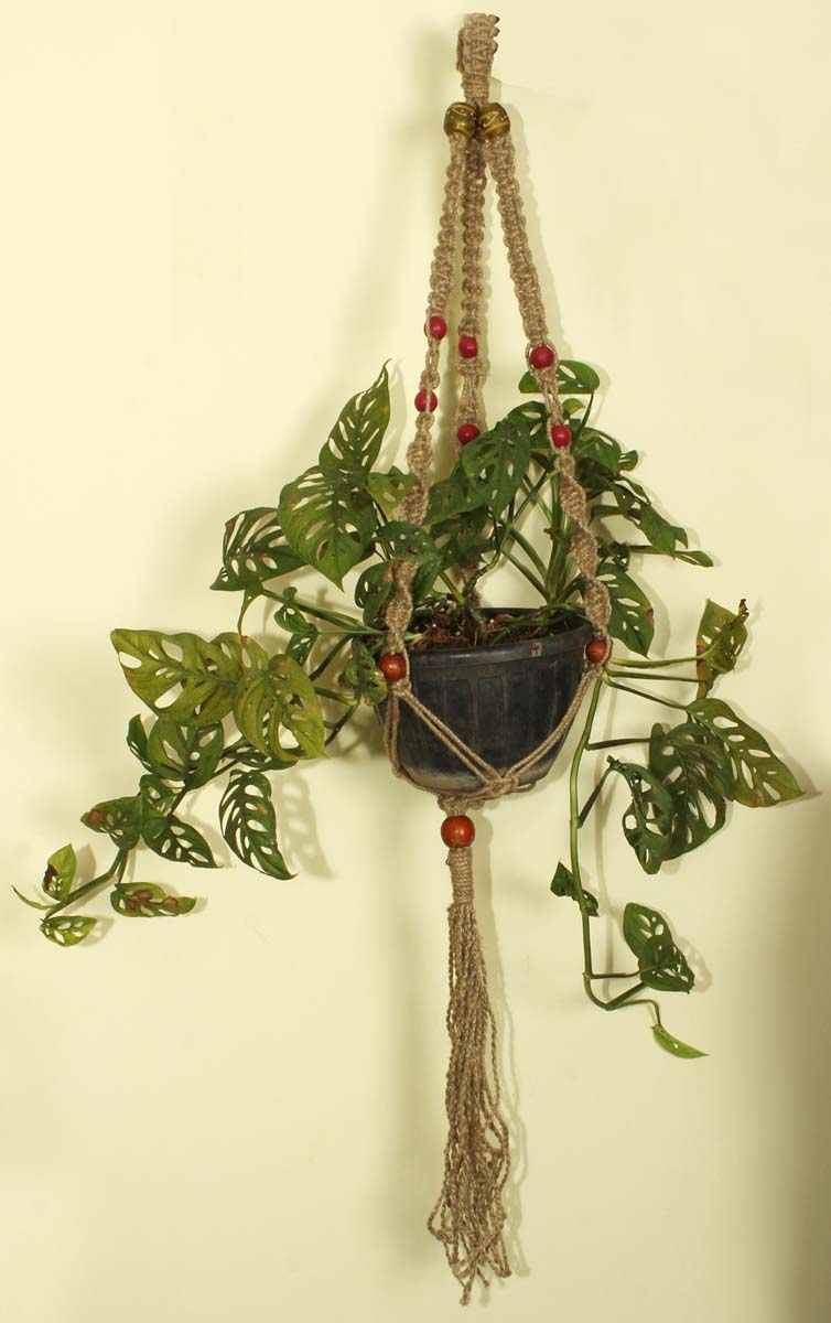 Bulk Wholesale Hand-knotted - Brown -Jute - Pot Holder with Beads - Decorative Show-piece from India - Home Decor