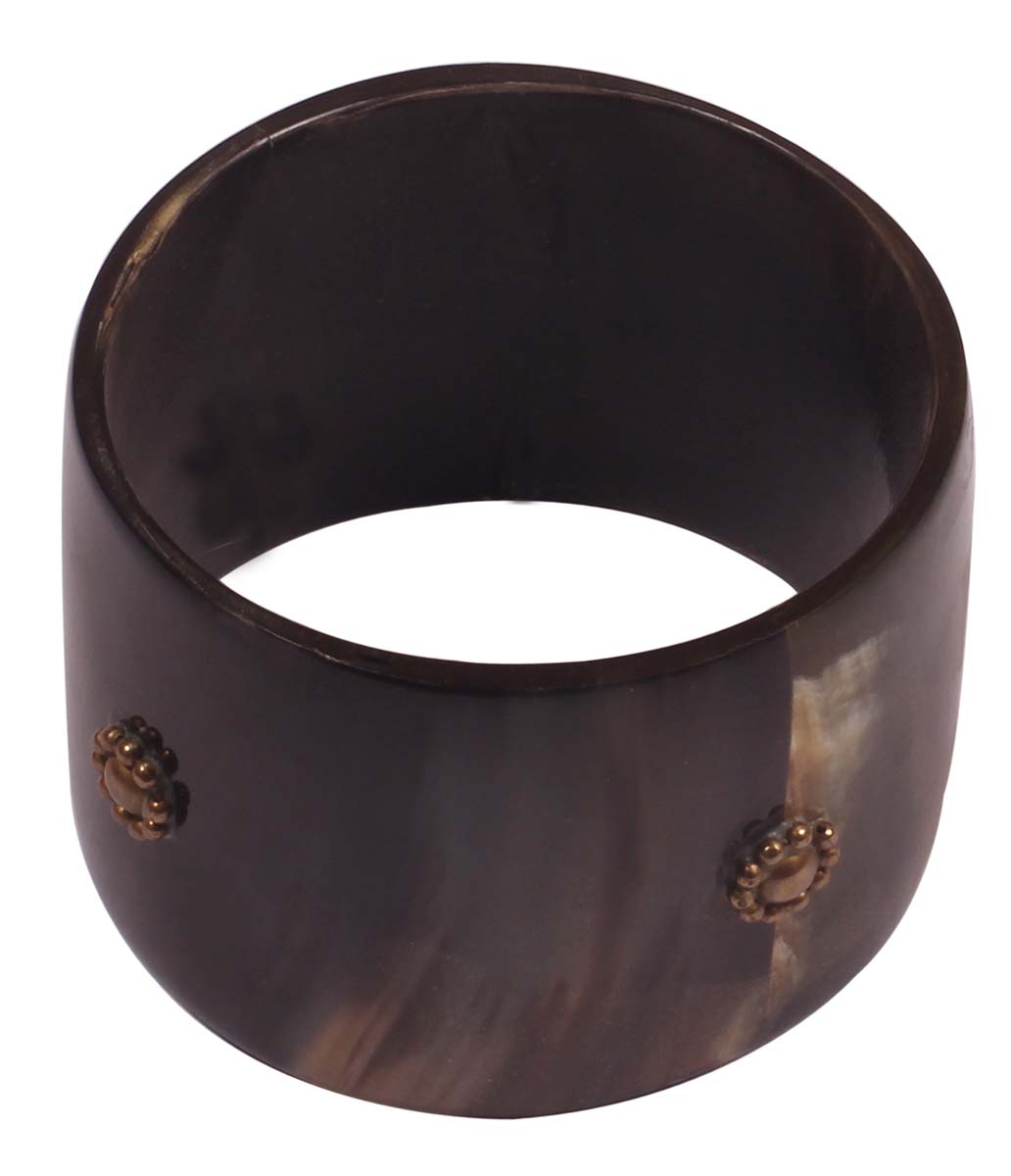 Bangle Bracelet 2.3” - Wide Smooth & Rounded Horn Bangle - Tonal Coffee Brown & Metal Decoration - Women Fashion Jewelry & Accessories - Buy in Bulk Wholesale