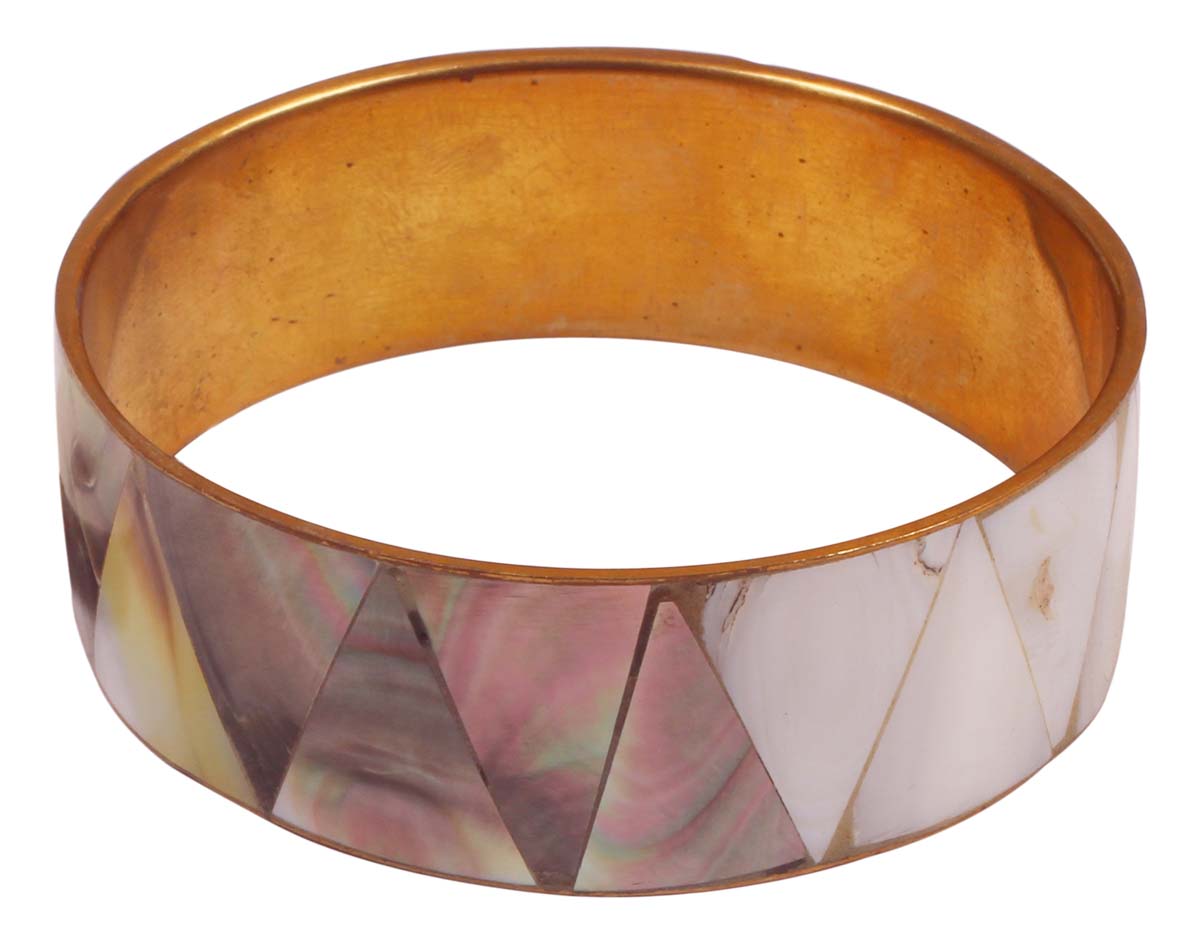 Buy in Bulk Wholesale Bangle Bracelet 2.5 Inch-Brass & Mother Of Pearl Triangles Chips Inlay-Golden-Tone Interior & Gray-Pink Tones Exterior - Women Fashion Jewelry & Accessories