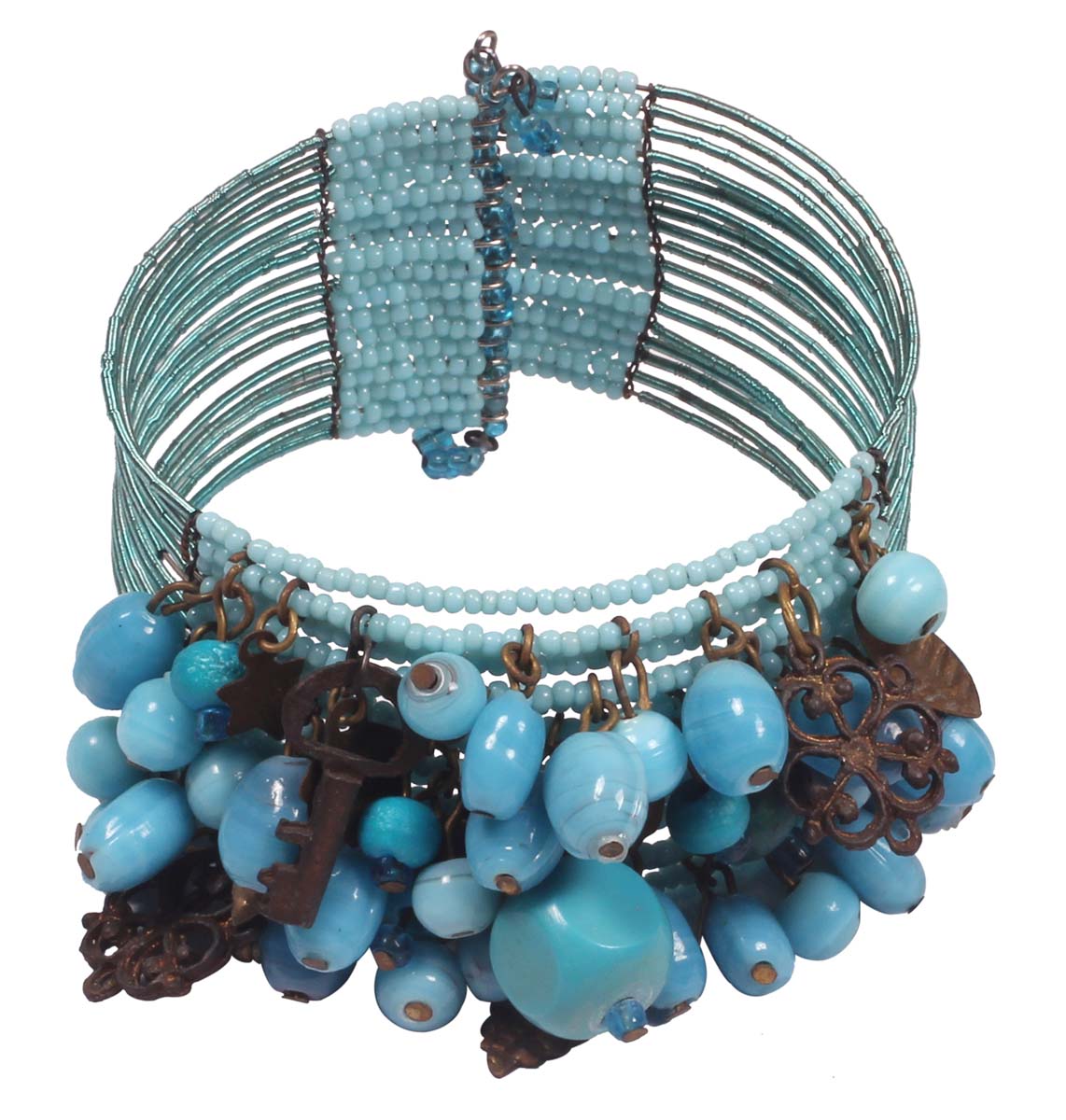 Beaded Bracelet - Multiple Layered Bead Strands Bracelet - Blue Glass Beads & Rustic Iron Links - Women Fashion Jewelry & Accessories - Buy in Bulk Wholesale