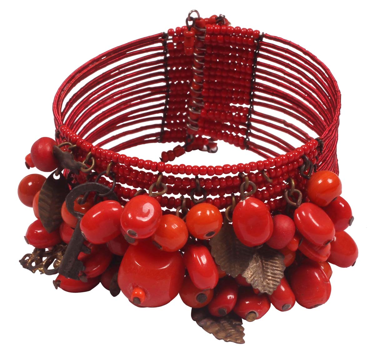 Beaded Bracelet - Multiple Layered Bead Strands Bracelet - Red Glass Beads & Rustic Iron Links - Women Fashion Jewelry & Accessories - Buy in Bulk Wholesale