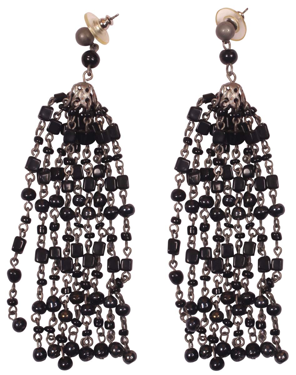 Glass Beads Earrings - Drop Earrings with Beaded Tassels - Black Beads & Iron Chain-Links - Women Fashion Jewelry & Accessories - Buy in Bulk Wholesale