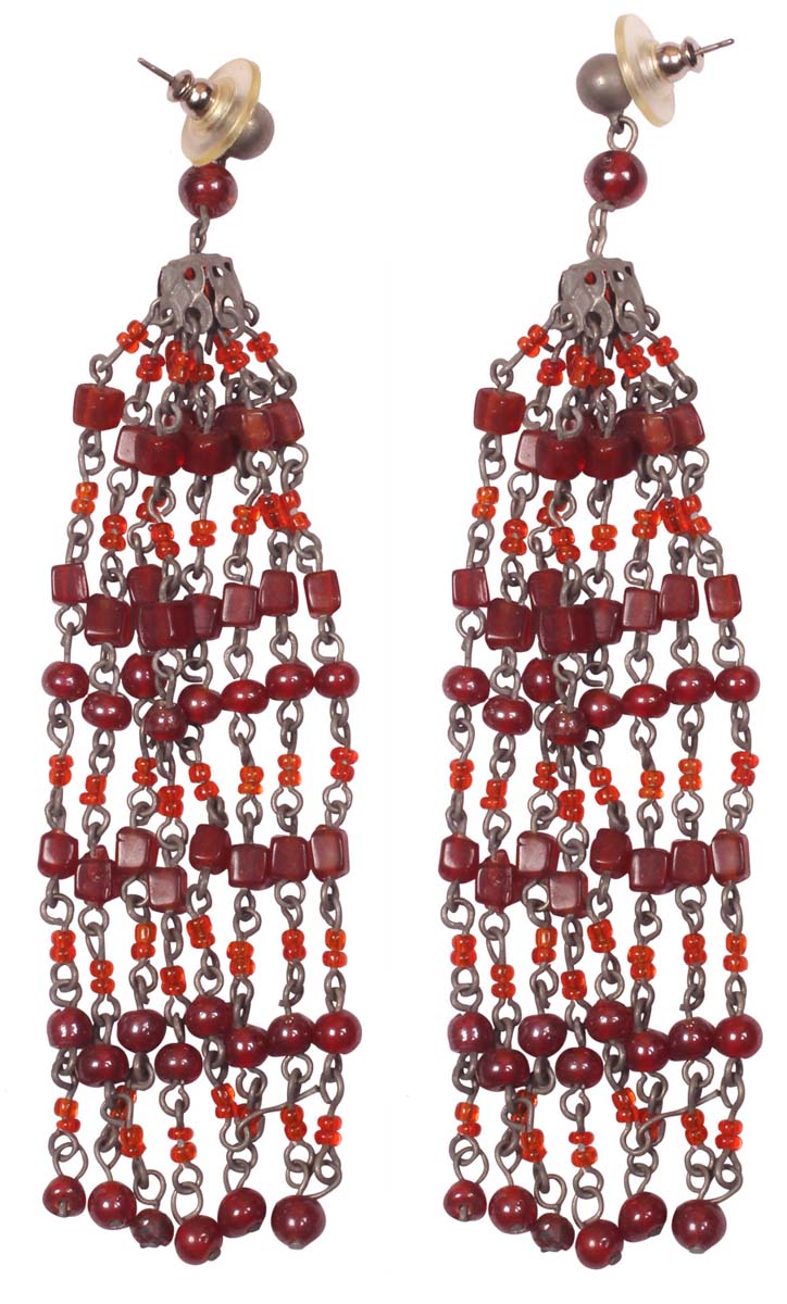 Glass Beads Earrings - Drop Earrings with Beaded Tassels - Red Beads & Iron Chain-Links - Women Fashion Jewelry & Accessories - Buy in Bulk Wholesale