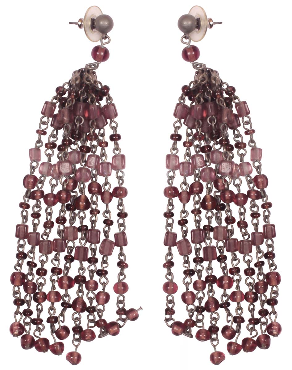 Glass Beads Earrings - Drop Earrings with Beaded Tassels - Violet Beads & Iron Chain-Links - Women Fashion Jewelry & Accessories - Buy in Bulk Wholesale
