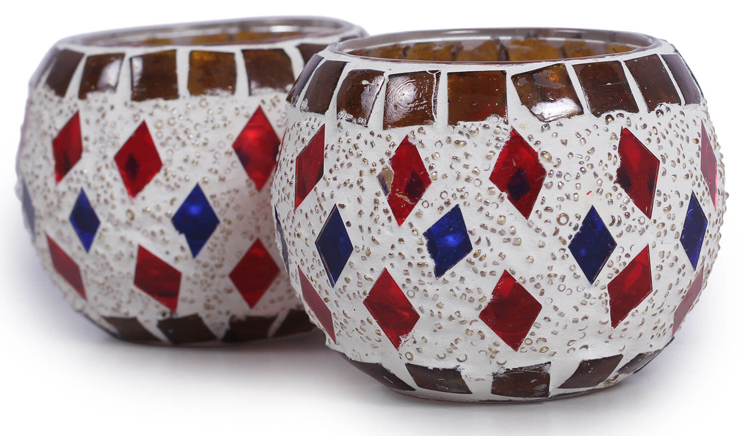 ArtistryBazaar 3.4"WX2.5"H round multicolor handmade diamond Glass Mosaic work set of 2 tealight candle holder  for living room home outdoor decoration