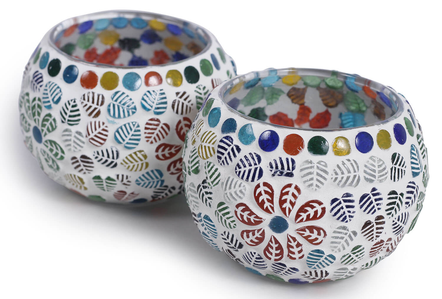 ArtistryBazaar 3.4"WX2.5"H round multicolor flower handmade Glass Mosaic work set of 2 tealight lamp candle holder  for living room home outdoor decoration