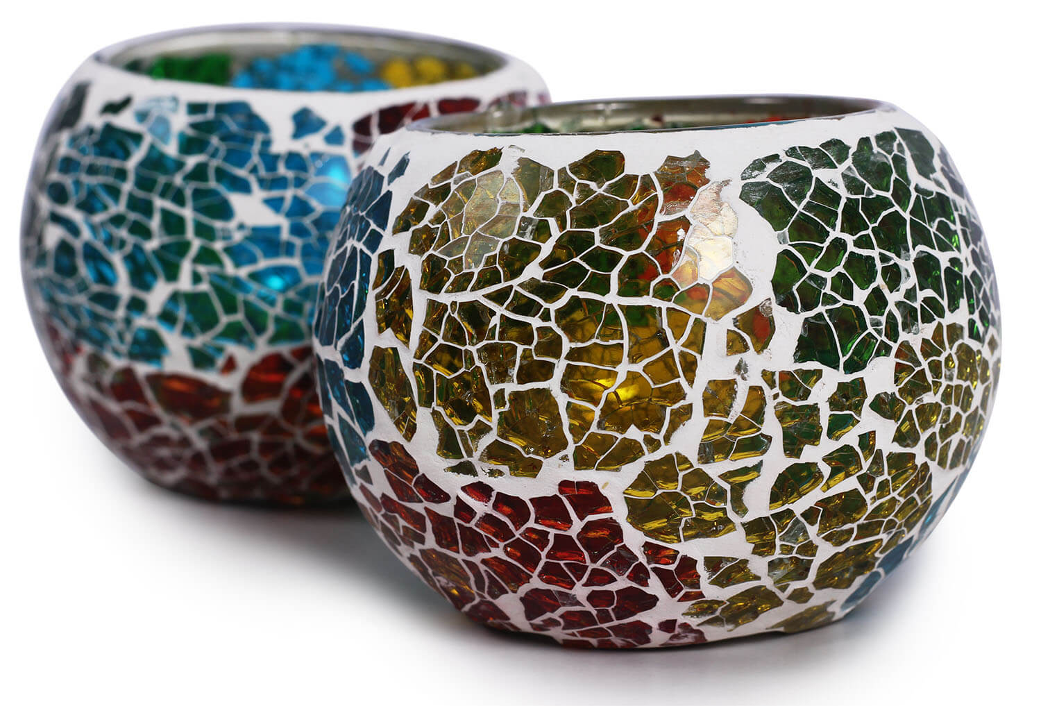 ArtistryBazaar 3.4"WX2.5"H white multicolor Glass Mosaic work set of 2 tealight lamp candle holder  for living room home outdoor decoration