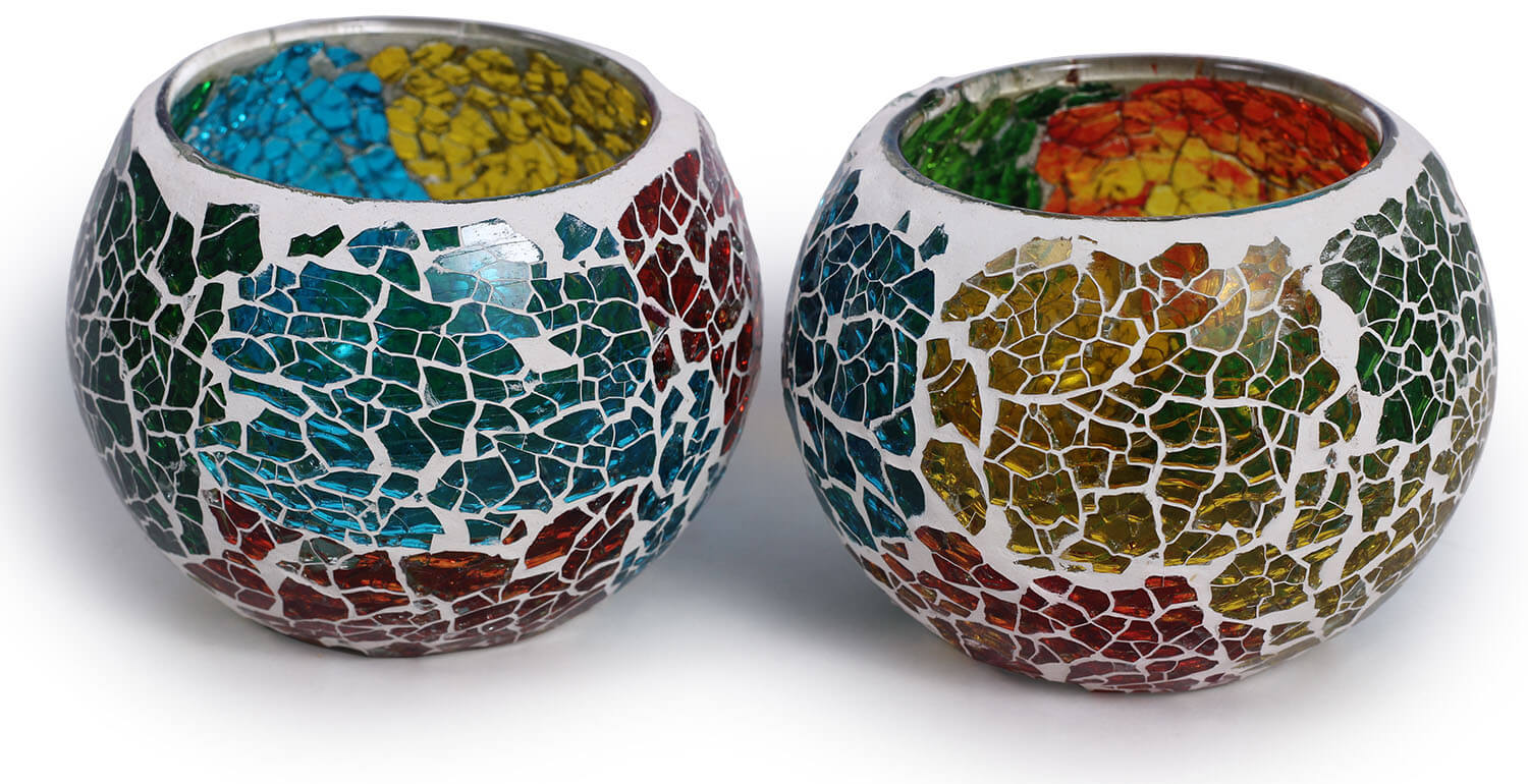 ArtistryBazaar 3.4"WX2.5"H white multicolor Glass Mosaic work set of 2 tealight lamp candle holder  for living room home outdoor decoration