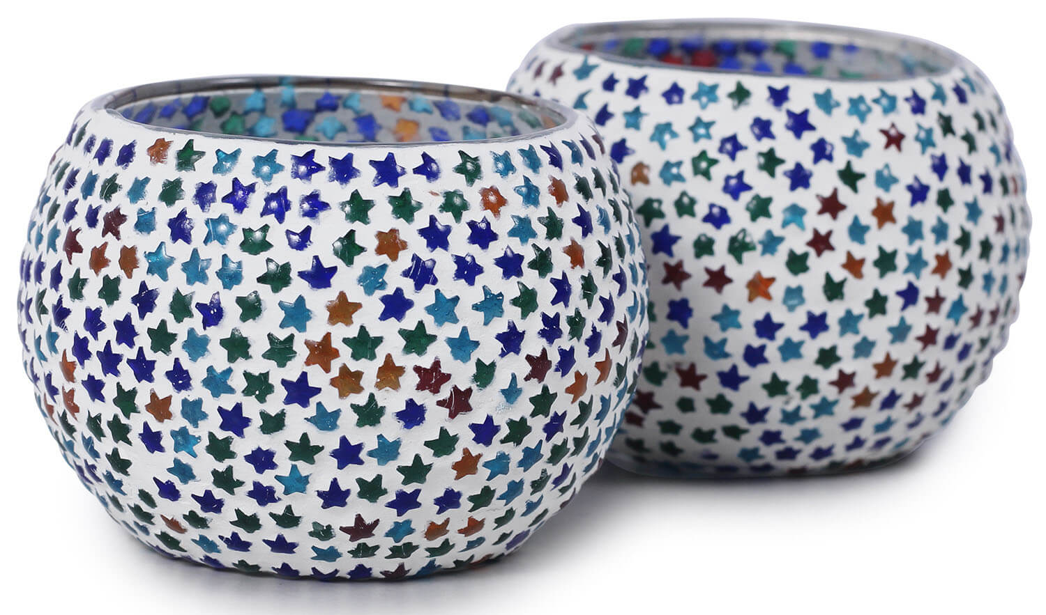ArtistryBazaar 3.4"WX2.5"H white round  multicolor star handmade Glass Mosaic work set of 2 tealight lamp candle holder  for living room home outdoor decoration