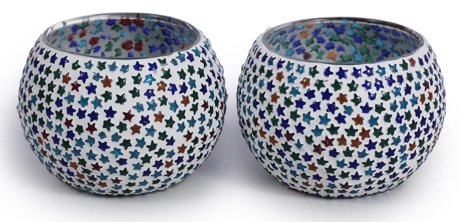 ArtistryBazaar 3.4"WX2.5"H white round  multicolor star handmade Glass Mosaic work set of 2 tealight lamp candle holder  for living room home outdoor decoration