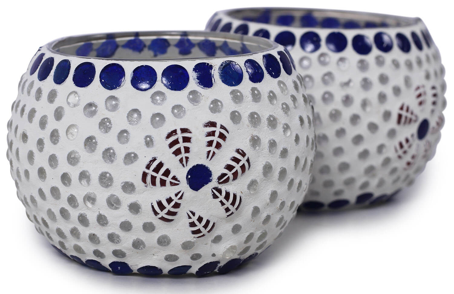 ArtistryBazaar 3.4"WX2.5"H white round blue flower handmade Glass Mosaic work set of 2 tealight lamp candle holder  for living room home outdoor decoration