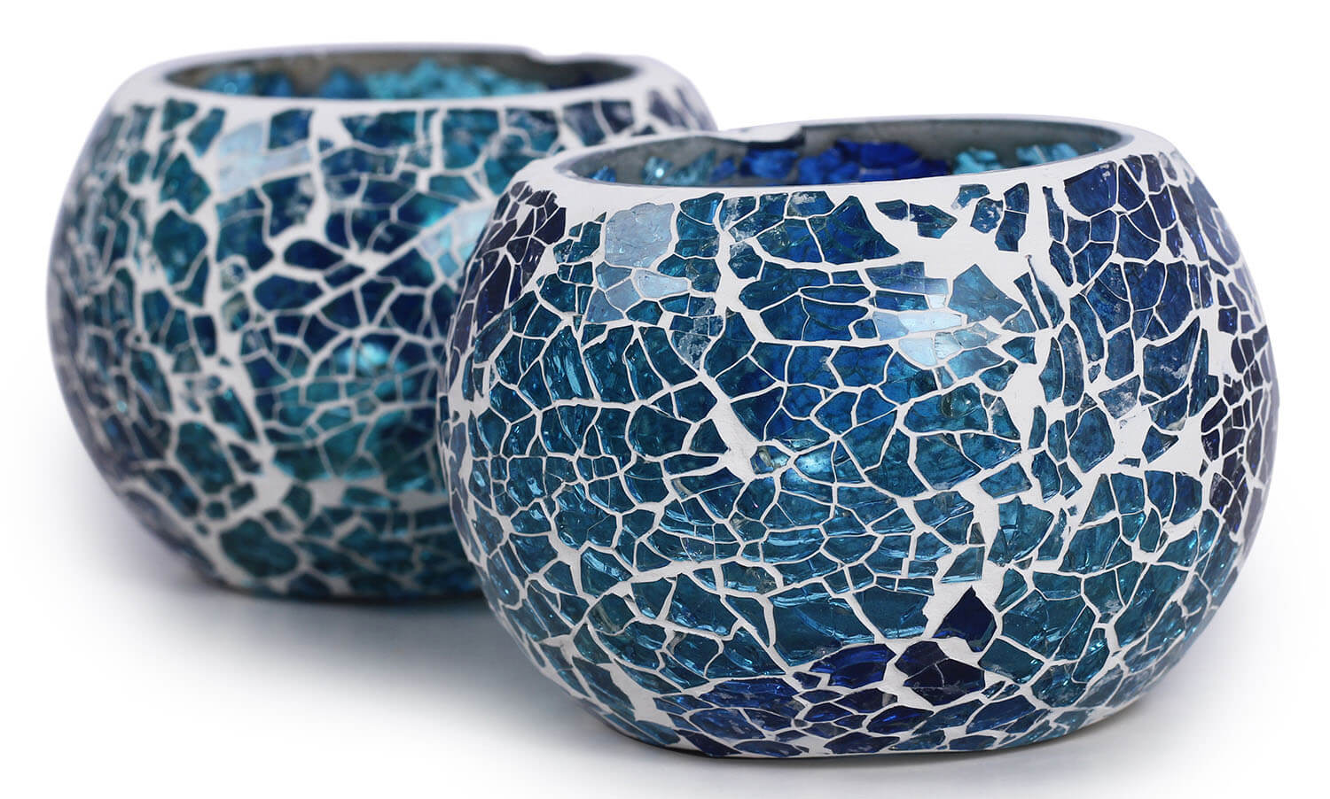 ArtistryBazaar 3.4"WX2.5"H round blue cracked boxes handmade Glass Mosaic work set of 2 tealight lamp candle holder  for living room home outdoor decoration