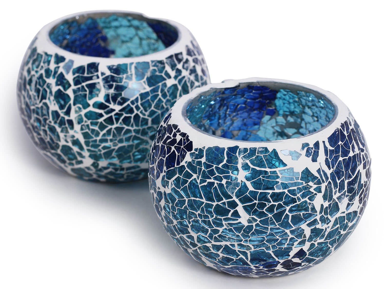 ArtistryBazaar 3.4"WX2.5"H round blue cracked boxes handmade Glass Mosaic work set of 2 tealight lamp candle holder  for living room home outdoor decoration
