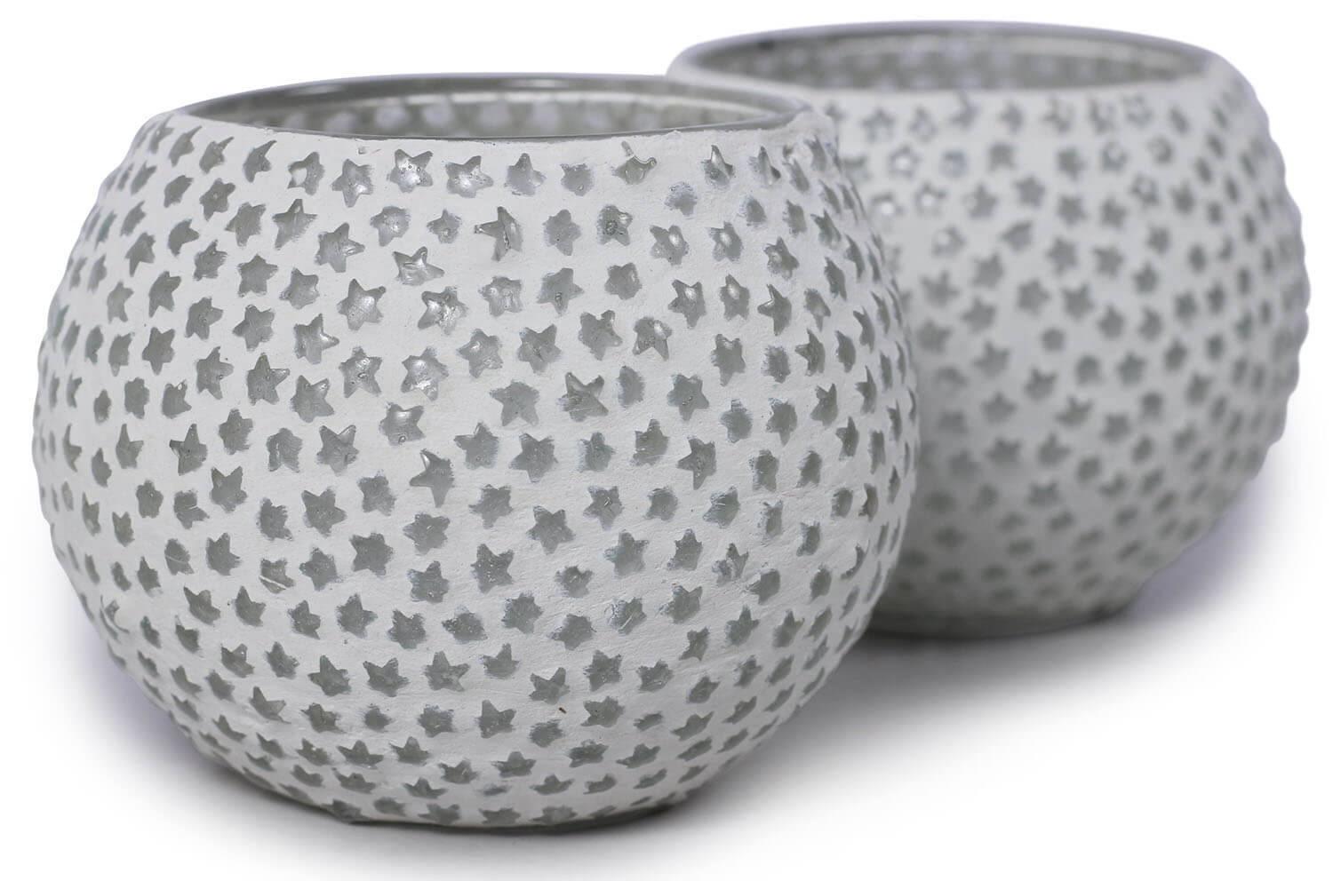 ArtistryBazaar 3.4"WX2.5"H white round  silver star handmade Glass Mosaic work set of 2 tealight lamp candle holder  for living room home outdoor decoration