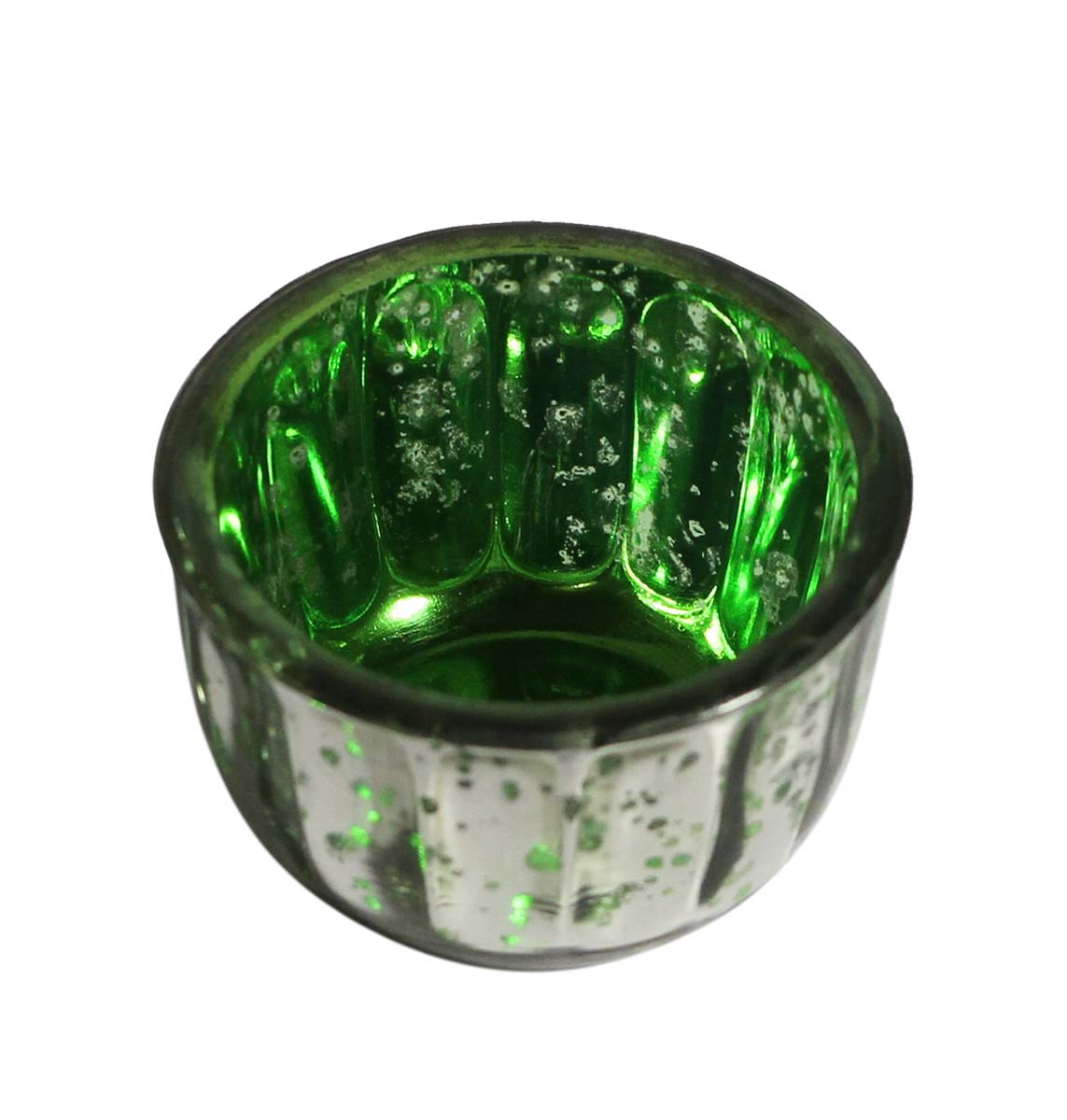 Bulk Wholesale Handmade Glass Tea-Light Holder / Candle Holder in Green & Metallic Silver with Mercerized Effect – Home Décor from India