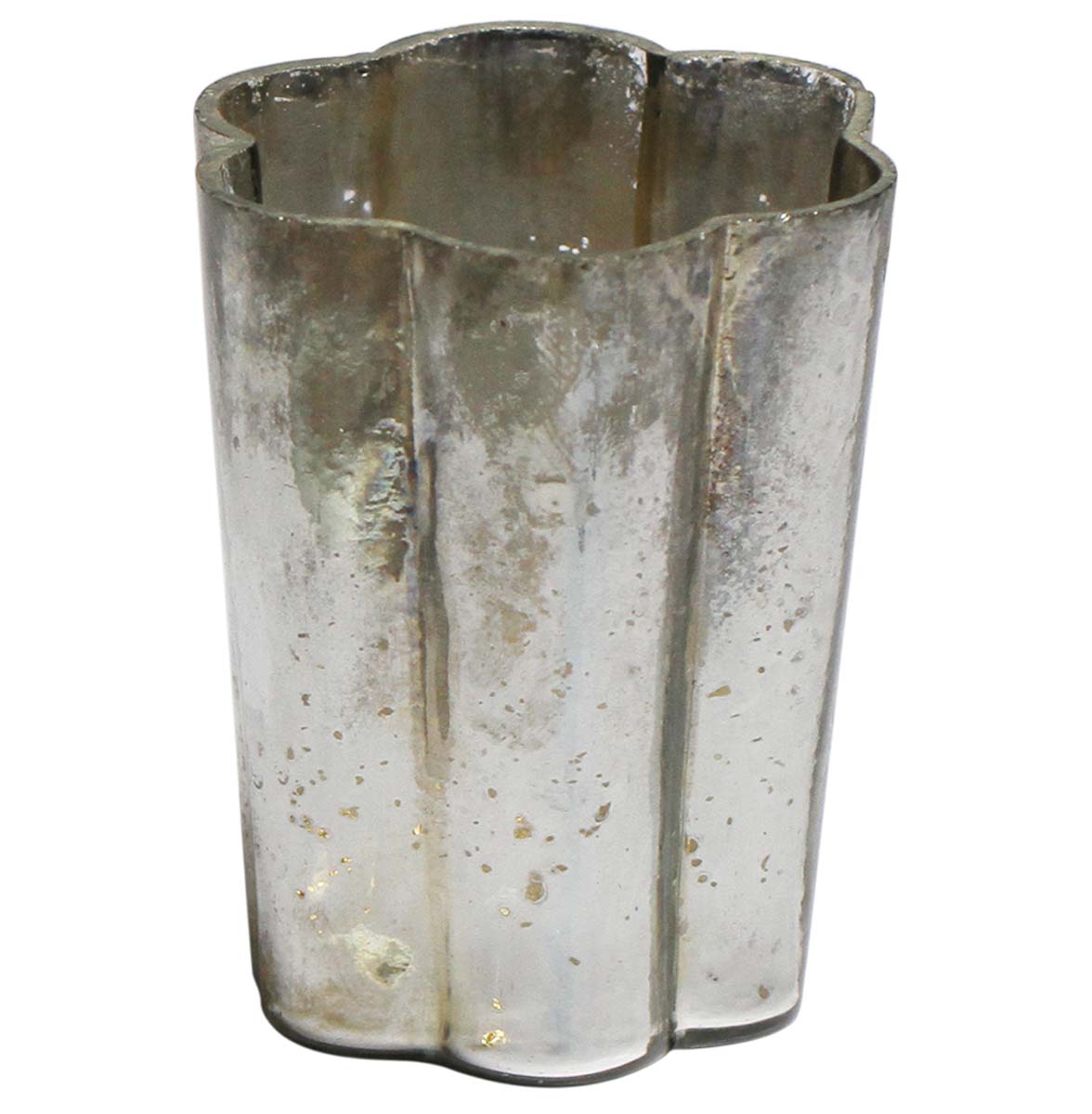 Bulk Wholesale Handmade Glass Tea-Light Holder / Candle Holder in Metallic Silver with Ribbed Pattern – Antique-Look Décor in Flower Shape from India