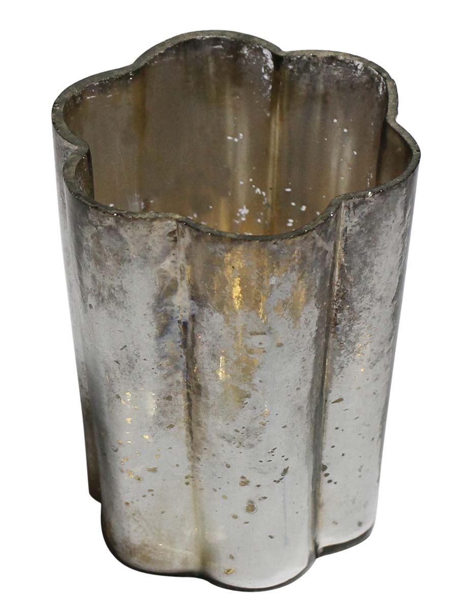 Bulk Wholesale Handmade Glass Tea-Light Holder / Candle Holder in Metallic Silver with Ribbed Pattern – Antique-Look Décor in Flower Shape from India