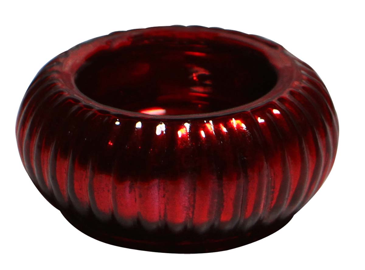 Bulk Wholesale Handmade Glass Tea-Light Holder / Candle Holder with Ribbed Pattern in Red – Antique-Look Home Décor from India