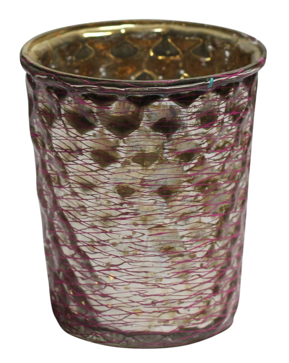 Bulk Wholesale Handmade Tea-Light / Candle Holder with Golden Square Pattern and Pink Mesh Work – Artistic Home Décor from India