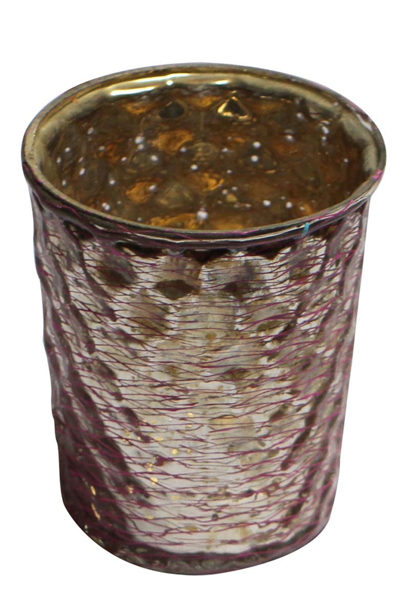 Bulk Wholesale Handmade Tea-Light / Candle Holder with Golden Square Pattern and Pink Mesh Work – Artistic Home Décor from India