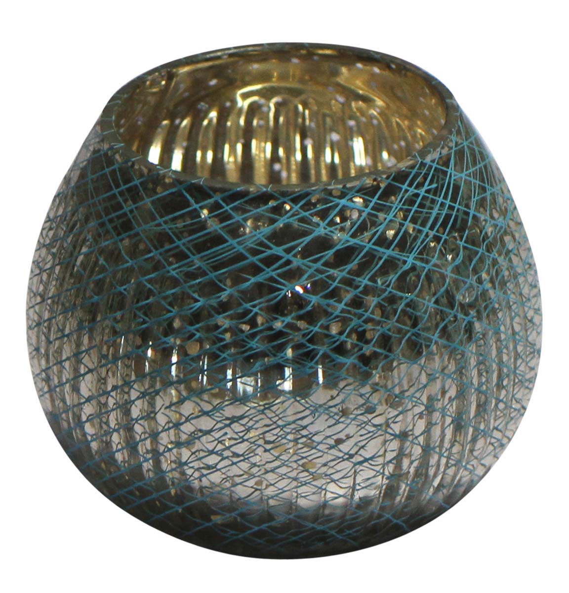 Bulk Wholesale Handmade Tea-Light / Candle Holder with Golden Ribbed Pattern and Blue Mesh Work – Artistic Home Décor from India