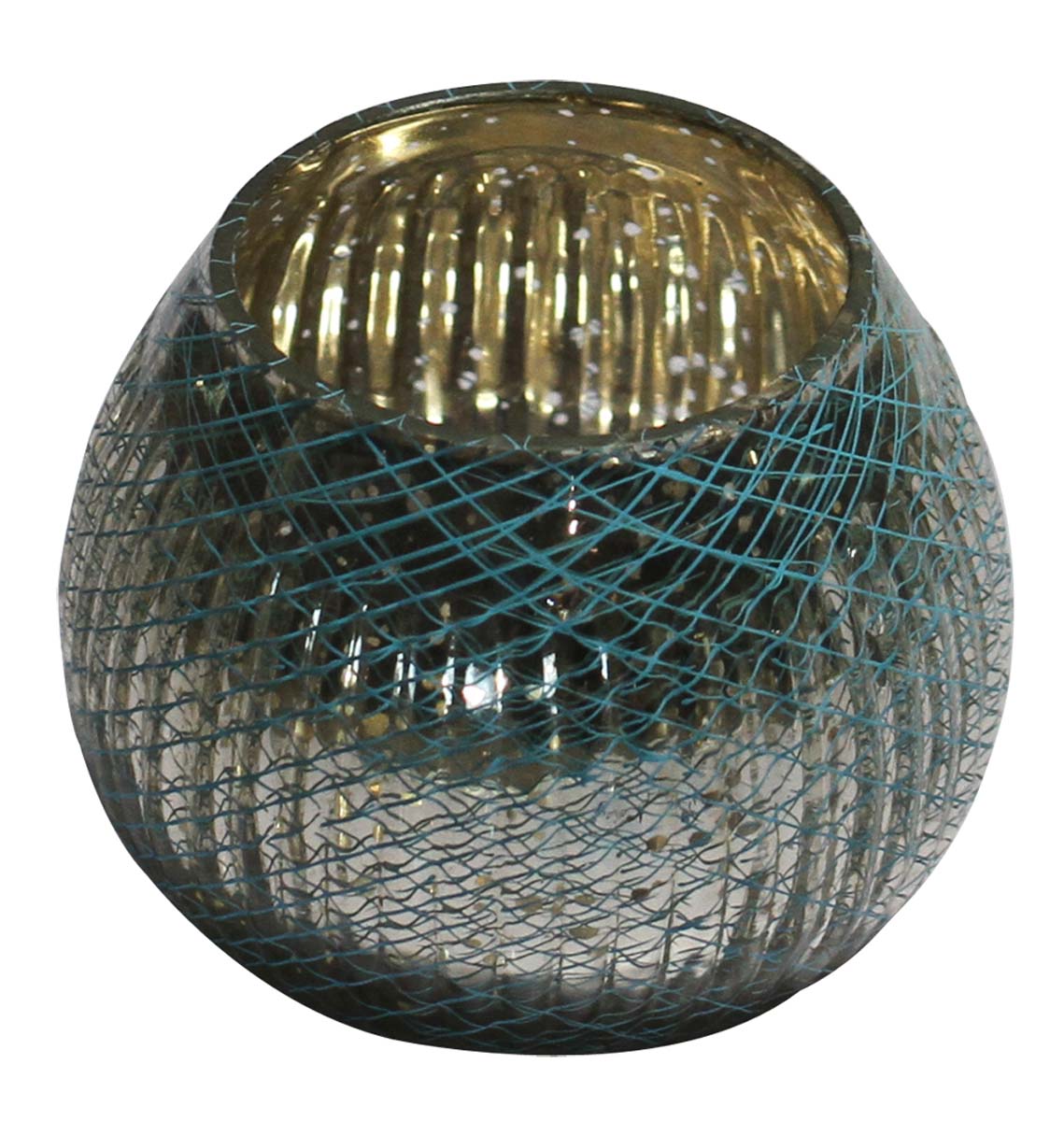 Bulk Wholesale Handmade Tea-Light / Candle Holder with Golden Ribbed Pattern and Blue Mesh Work – Artistic Home Décor from India