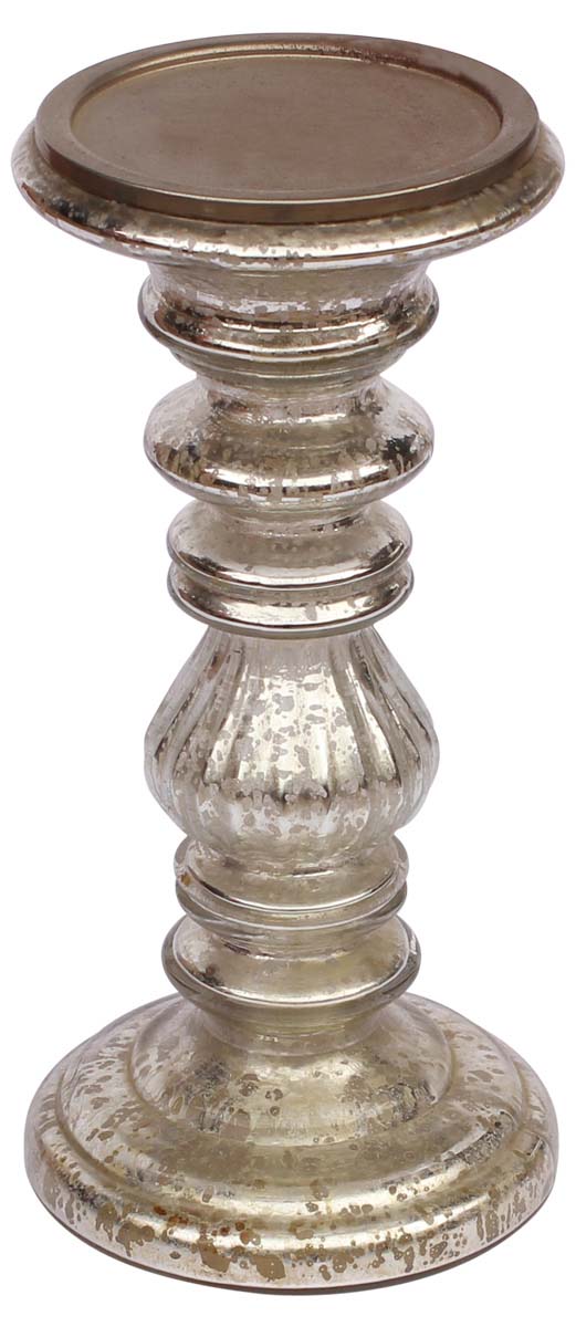8.5” Pillar Candle Holder Hand Blown Glass – Antique Silver-Tone Mercury Glass Holder - Home Décor Accessories / Christmas Decorations & Lighting Solutions - Buy in Bulk Wholesale