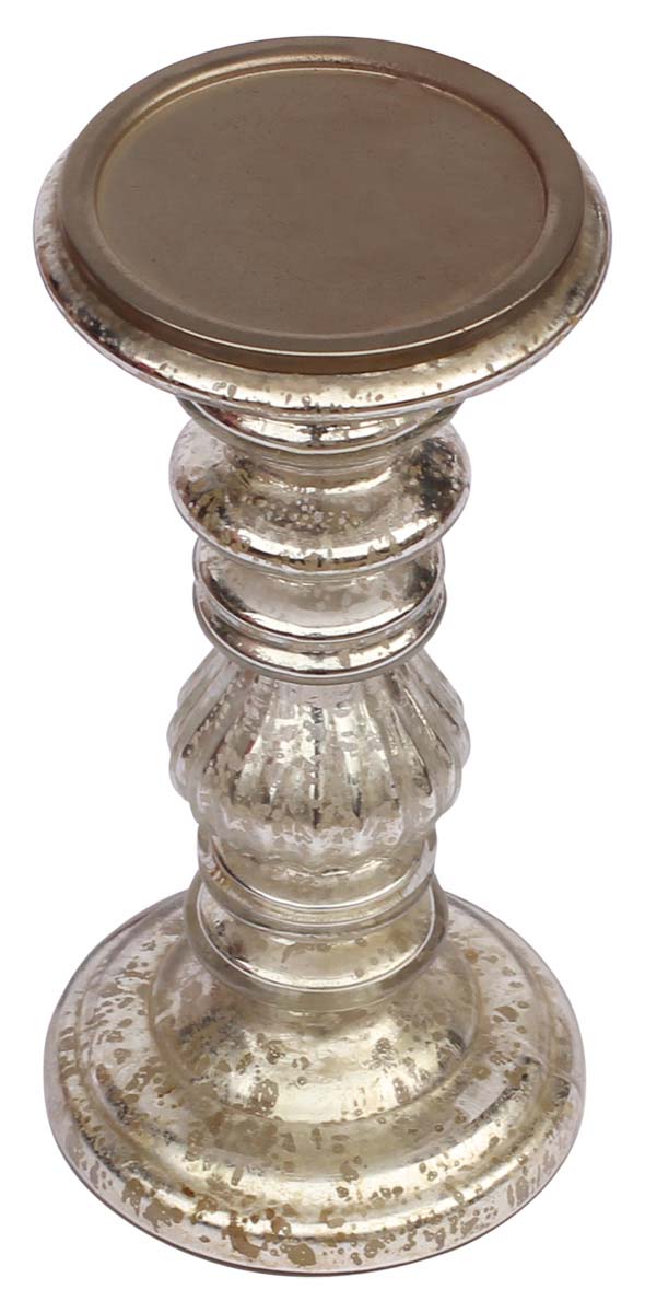 8.5” Pillar Candle Holder Hand Blown Glass – Antique Silver-Tone Mercury Glass Holder - Home Décor Accessories / Christmas Decorations & Lighting Solutions - Buy in Bulk Wholesale