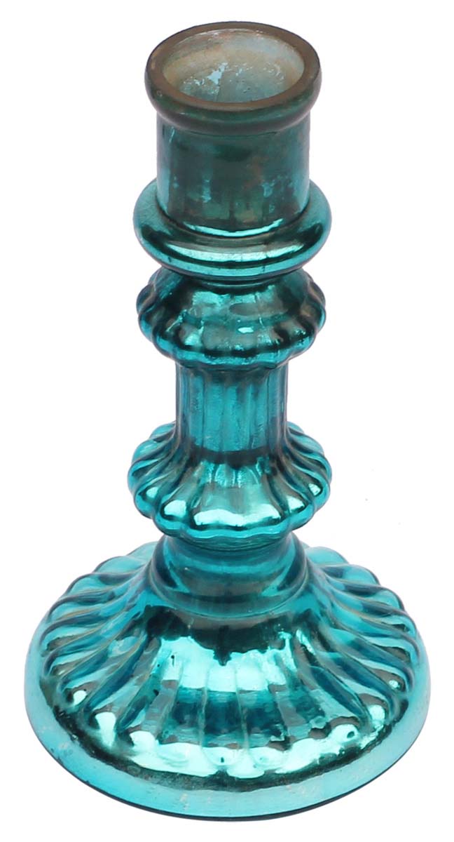 Hand-Blown Glass Candle Stand in Blue Color with Ribbed Pattern & Round Base – 6” Pillar Tea-Light Holder – Christmas / Home Decorations / Party Décor from India - Buy in Bulk Wholesale