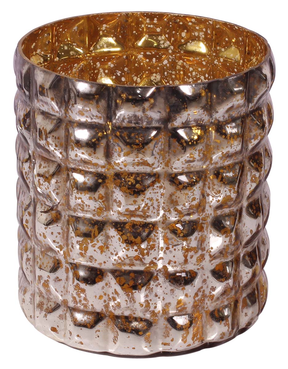 5” Handmade Votive Candle Holder in Mercury Glass with Square Pattern - Silver Tone with Golden Hints - Home Decor - Buy in Bulk Wholesale