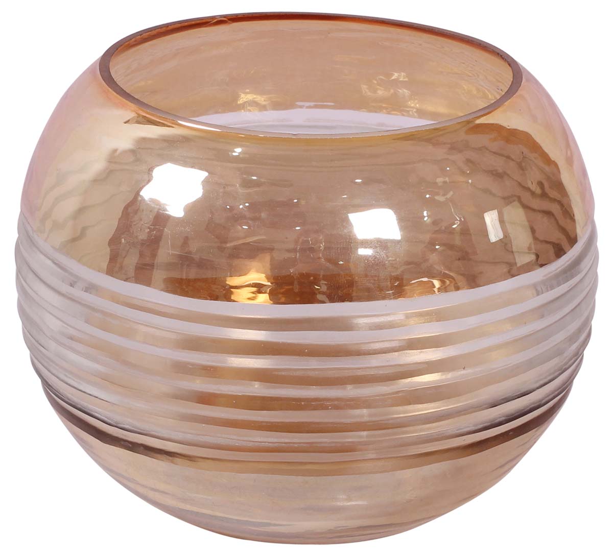2.5” Decorative Round Tea-Light Holder in Glass - Dull-Gold Tone with Silver Ring Pattern - Home Decor / Gifts - Buy in Bulk Wholesale